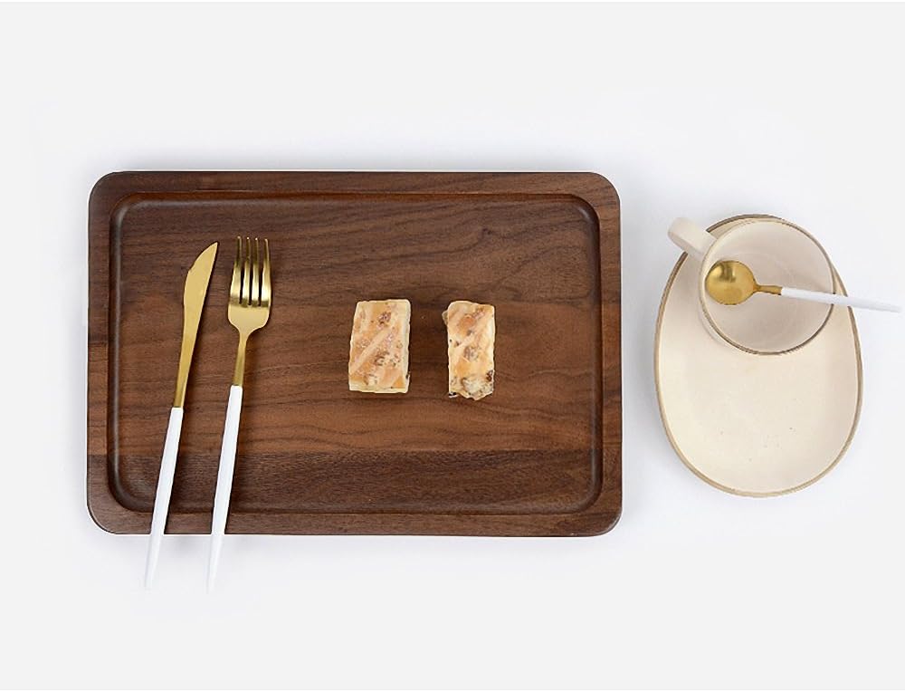 Rustic Walnut Wooden Tray Solid Wood Serving Tray Square Rectangle Platter Tea Tray Coffee Table Tray (Rectangle Large (13x9x0.8inch))