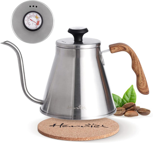 Harriet Gooseneck Kettle with Thermometer for Pour Over Coffee and Tea, 37 fl oz, Stainless Steel, Durable 3-Layer Base, Ideal Spout for Precision Pouring, Compatible with all Stove Tops