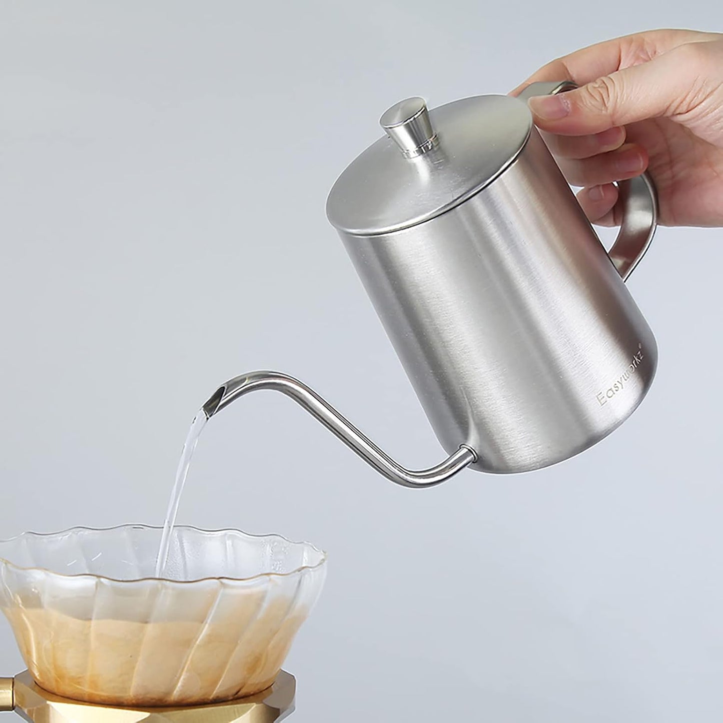 Easyworkz Gage Gooseneck Pour Over Coffee Kettle 12 oz Stainless Steel Hand Drip Long Narrow Spout, Silver