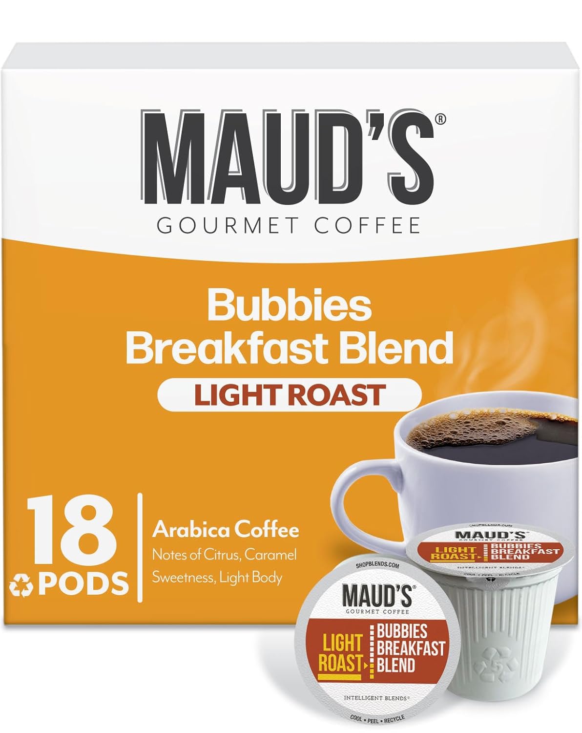 Maud's Breakfast Blend Coffee Pods, 18 ct, Light Roast Coffee in Recyclable Single Serve Pods – 100% Arabica Beans, Compatible with Keurig K Cups Maker