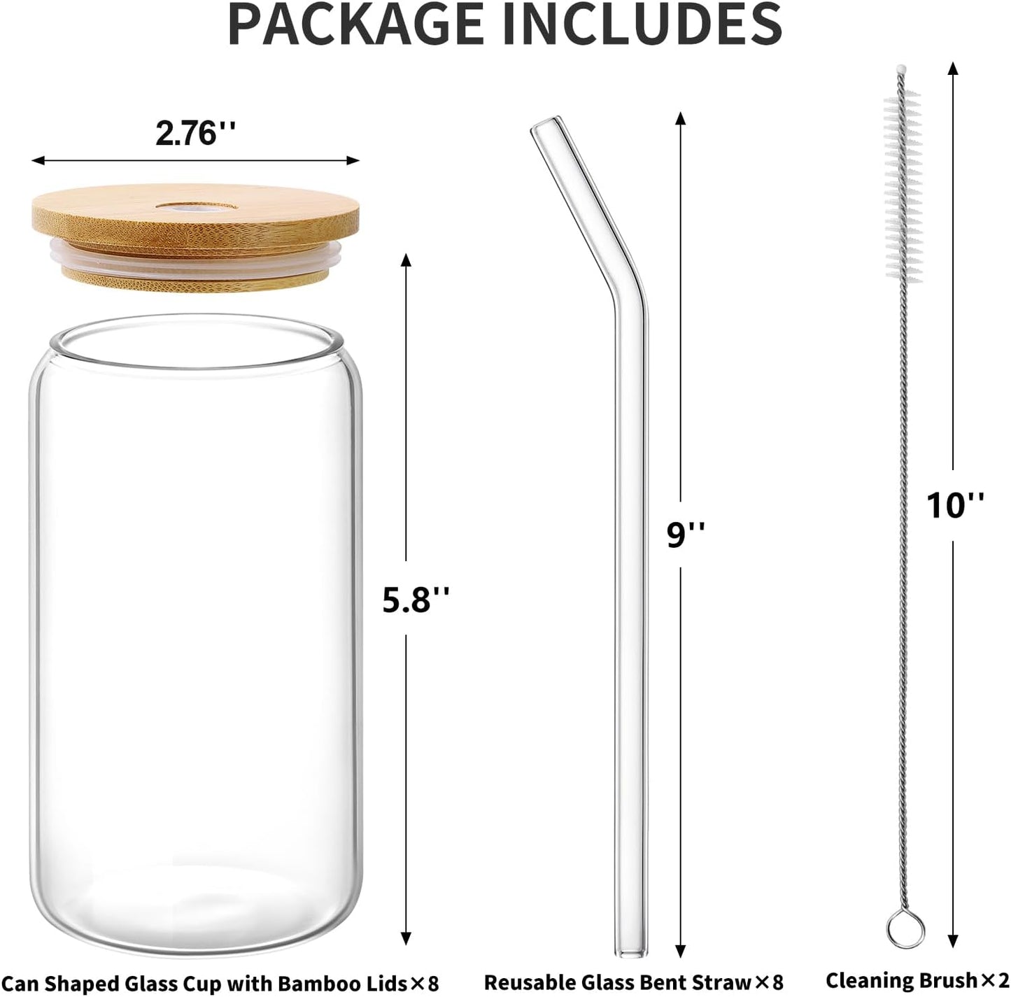 Glass Cups with Lid and Straw, 16oz Beer Glasses Glass Coffee Cups, Iced Coffee Cups with Lid, Glass Tumbler with Straw and Lid (8 PACK)
