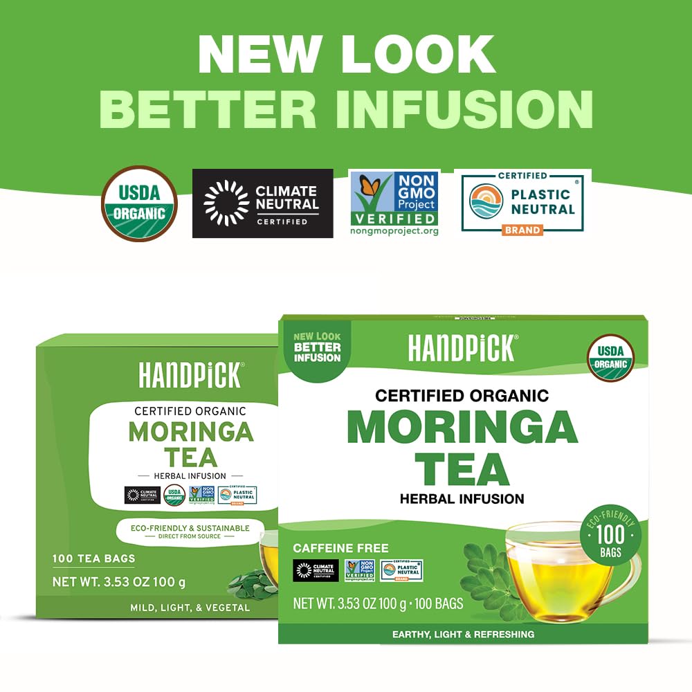 HANDPICK, Organic Moringa Tea Bags (100 Count), Pure Moringa Leaves | Authentic Indian Origin | Caffeine Free, Non GMO | Earthy, Light & Refreshing | Round Eco-conscious Teabags