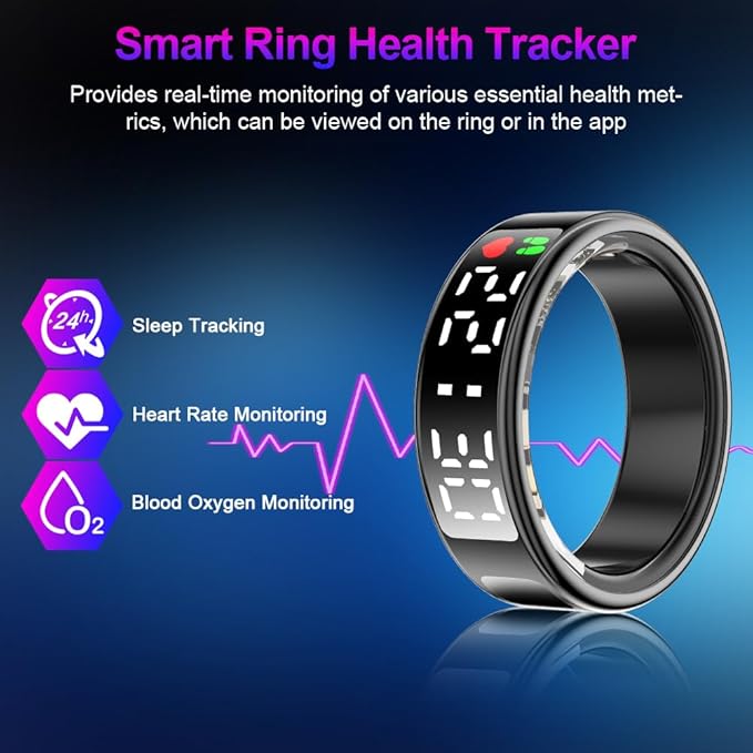 Smart Ring Health Tracker with Display Screen & Touch Button, Bluetooth Connection Health Ring for Women Men, Tracks Heart Rate/Blood Oxygen/Sleep/Steps/Sports Activities, IP68 Waterproof