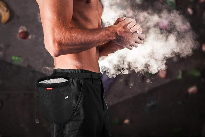 MoKo Rock Climbing Chalk Bag, Bouldering Chalk Pot Bucket with Adjustable Belt & Carabiner Drawstring Climbing Gear