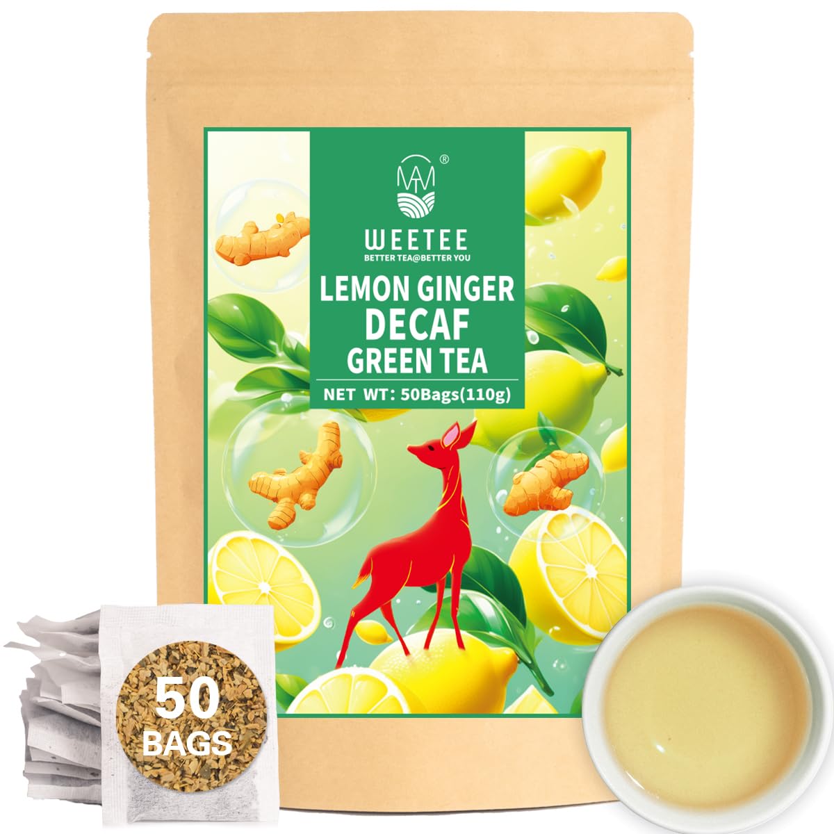 WT WEETEE Lemon Ginger Decaf Green Tea Bags 50 Counts, Made of Decaffeinated Green Tea, Ginger & Natural Lemon Flavor, Clean & Fresh