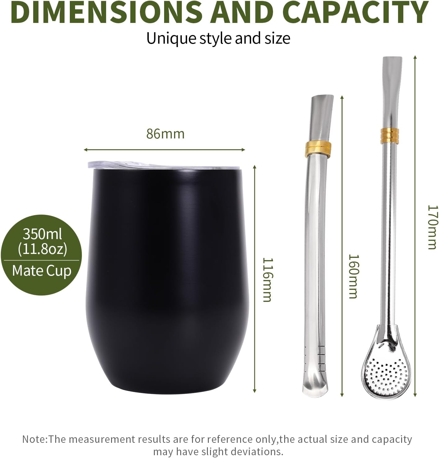 Yerba Mate Cup with Lid, 2 Bombillas, Cleaning Brush, 11.8oz Stainless Steel Double-Wall Insulated Gourd (Black)