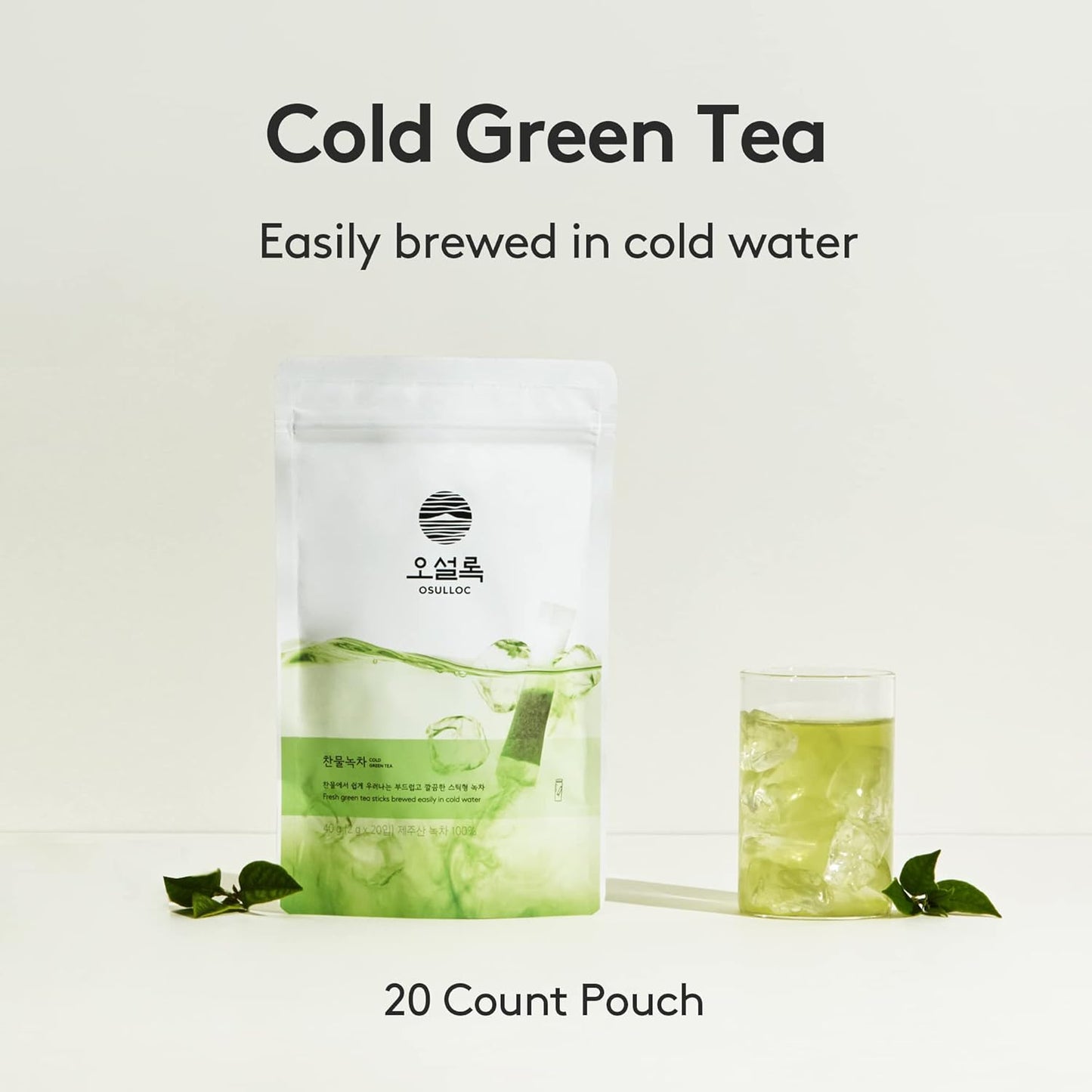 OSULLOC Cold Green Tea, Stick-Type in Pouch Package, Premium Organic Pure Tea from Jeju, 20 count, 1.41 oz, 40g