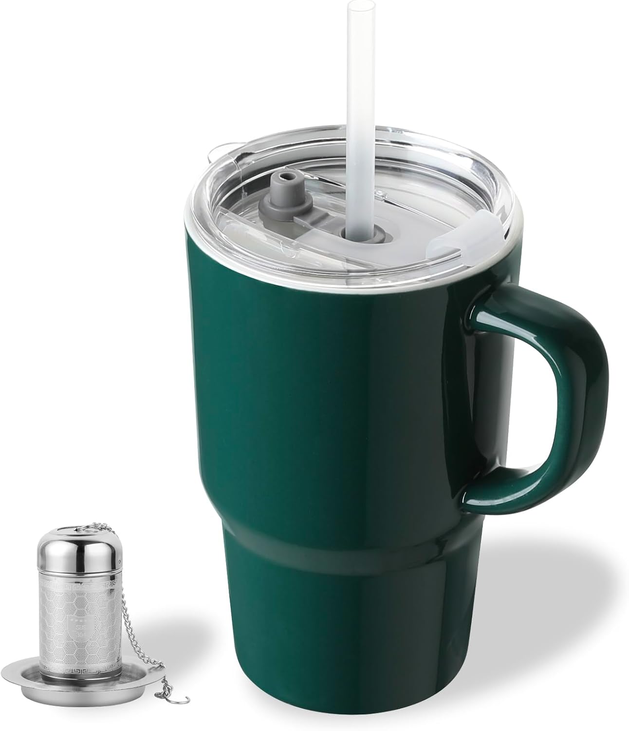 Sweejar Ceramic Travel Mug with Lid, 16 oz Portable Coffee Mug, Dishwasher Safe Tea Cup with Infuser, Reusable Teacup for Car Cup Holder, Tea Lovers(Jade)