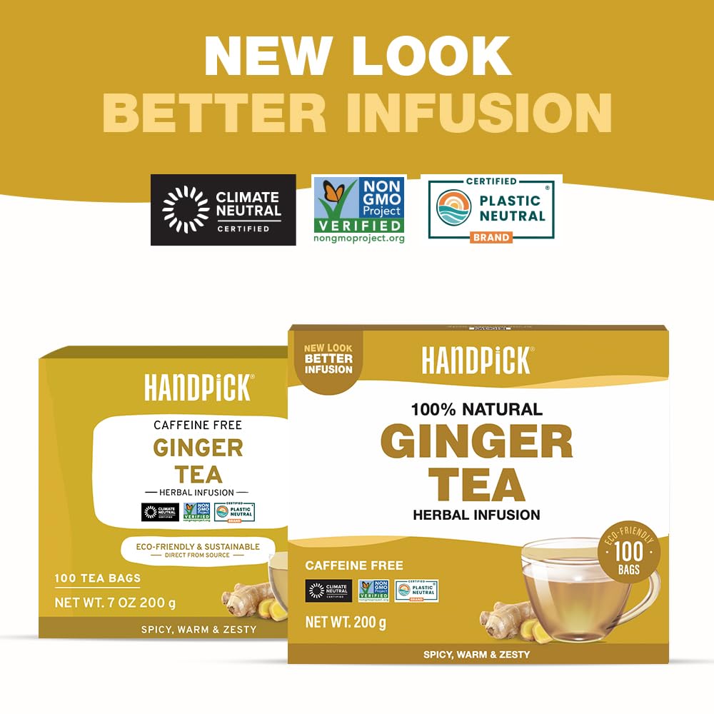 HANDPICK, Ginger Tea Bags, Caffeine Free & 100% Pure Ginger Root | Soothing & Spicy Blend | Round Eco Conscious Teabags