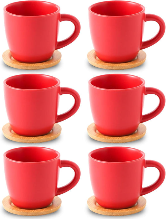 Hasense 8 oz Tea Cups and Saucers Set of 6, Ceramic Coffee Cups with Handle, Latte, Cappuccino, Espresso, Stackable for Party, Home and Kitchen, Red