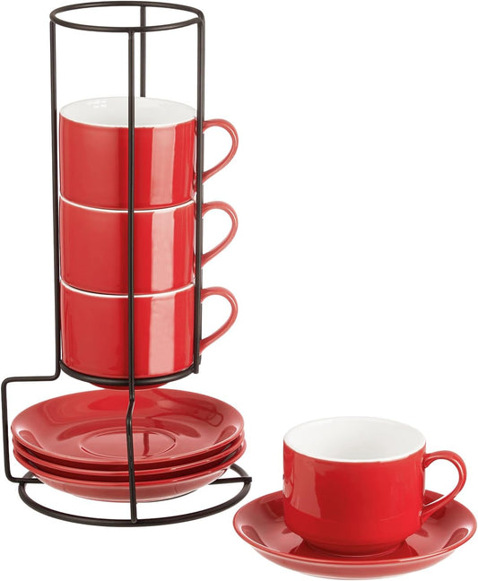 YOLIFE 8oz Porcelain Stackable Cappuccino Cups with Saucers and Metal Stand Set of 4, Coffee cups for Espresso, Specialty Coffee Drinks, Latte, Americano and Tea - Red