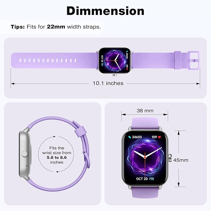 Smart Watch for Women Android iPhone Compatible, 1.8” Touchscreen,Bluetooth Call,24/7 Heart Rate, SpO2 Monitor, Step Counting, Sleep Tracking, IP68 Waterproof Activity Tracker and Smartwatch(Purple)