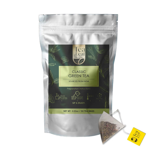 Classic Green Tea Bags (3.53oz/100gm), Loose Leaf 50 Pyramid Teabags, Blended with Fresh Herbs and Spices, Organic Herbal Tea, Low Caffeine Gluten Free