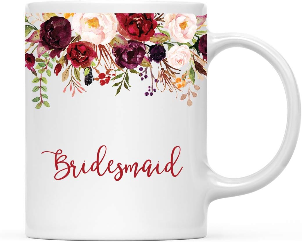 Andaz Press 11oz. Wedding Ceramic Coffee Tea Mug Gift, Fall Autumn Marsala Burgundy Flowers Roses Florals, Bridesmaid, 1-Pack, Includes Gift Box