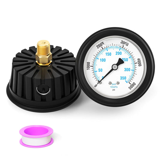 0-5000PSI Stainless Steel Liquid Filled Pressure Gauge, 2.5" Dial Size, 1/4" NPT Back Mount, with Rubber Protective Sleeve, for Tube, Water Pump, Gas, Liquid, Pressure Test
