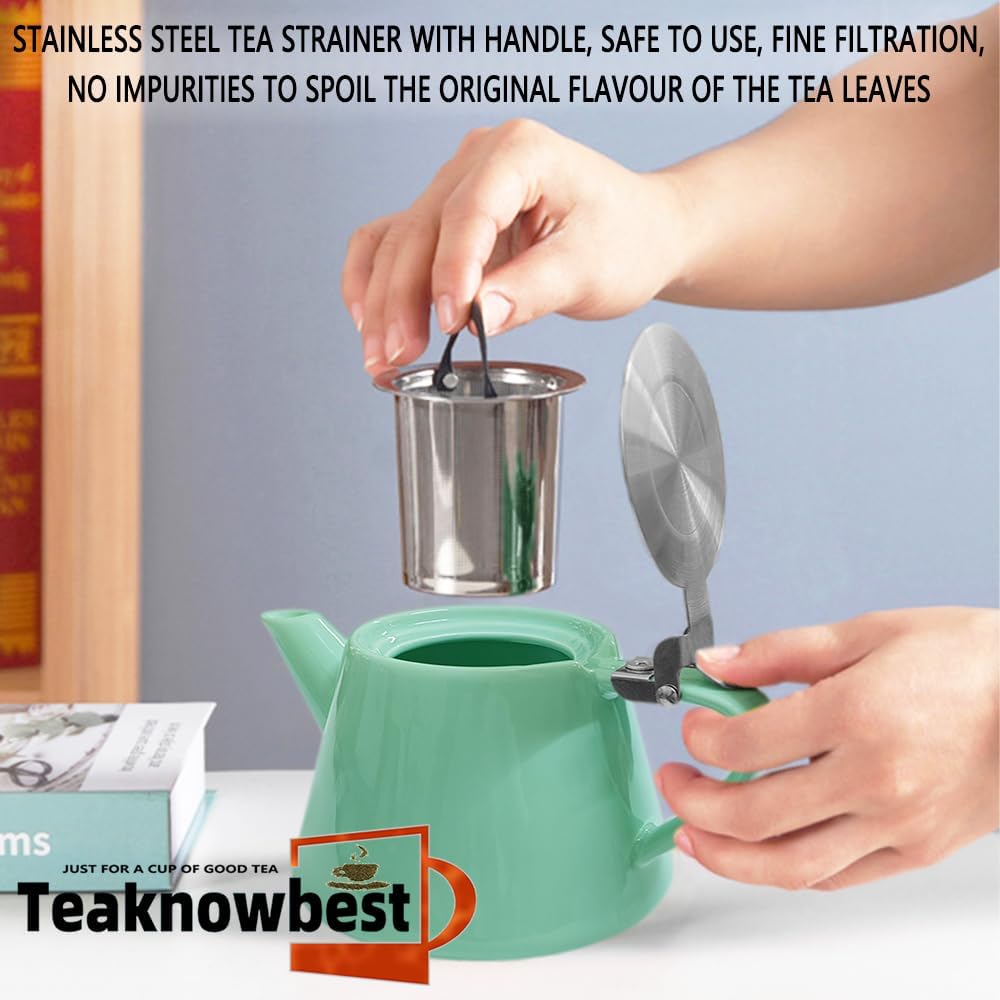 Ceramic teapot, 19oz Tea pot for loose leaf tea, Tea infuser pot with Removable 18/8 Stainless Steel Infuser and teaspoon, Suitable for 1-2 people to brew tea or coffee (azure)