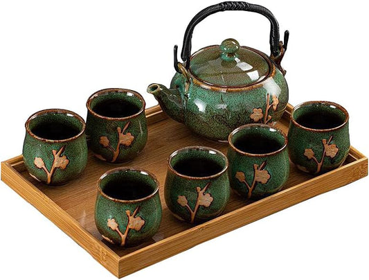 KEYDUACU Japanese Tea Set, Kiln-Formed Ceramic Tea Set, Plum Blossom Embossed, Includes 1 Teapot, 6 Teacups,Tea Tray,Strainer, Used for home, outdoor, gift, Chinese Kung Fu Tea Set(FDMH-GREEN)