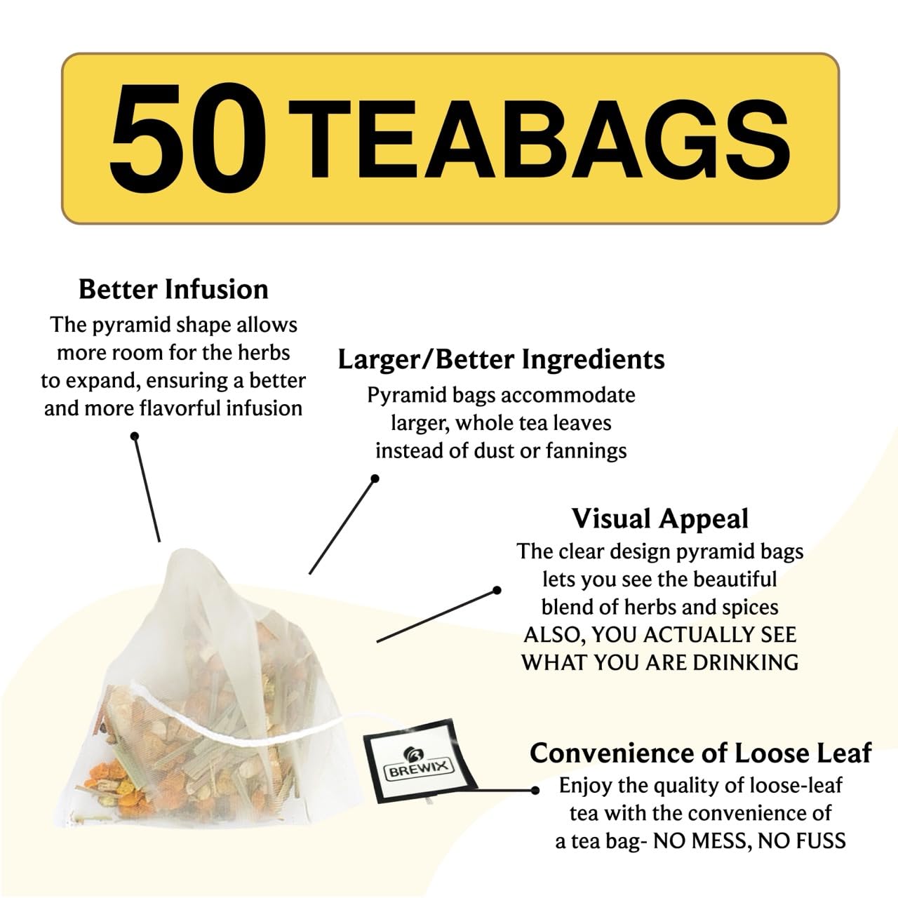 BREWIX, Turmeric Ashwagandha Herbal Tea Bags (50 Pyramid Tea Bags) Real Ingredients From India, Caffeine Free & Naturally Gluten Free | 100% Pure Herbal Blend Packed in Resealable Ziplock Pouch