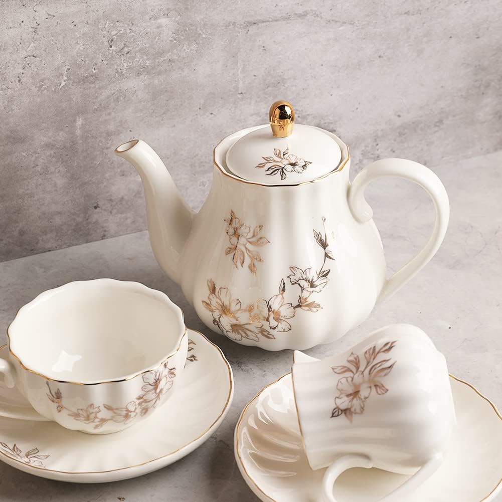 Porcelain Tea Sets British Royal Series, 8 OZ Cups & Saucer Service for 6, with Teapot Sugar Bowl Cream Pitcher Teaspoons and Tea Strainer, Suitable for High Tea, Wedding, Party（Morning glory）