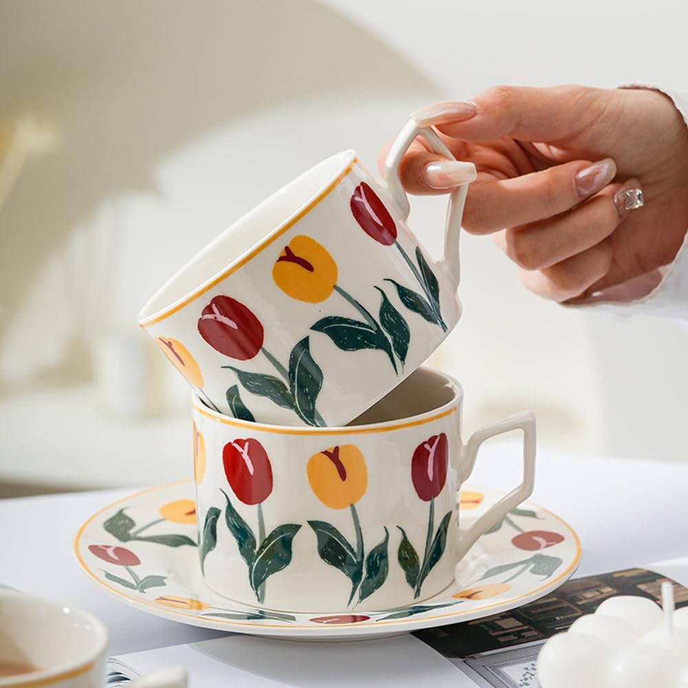 Ceramic Coffee Cup with Saucer, 8.5oz Floral Porcelain Tea Cup with Premium Gold Spoon and Gift Box, Dishwasher and Microwave Safe, Cup Mug for Coffee Cappuccino Espresso Latte