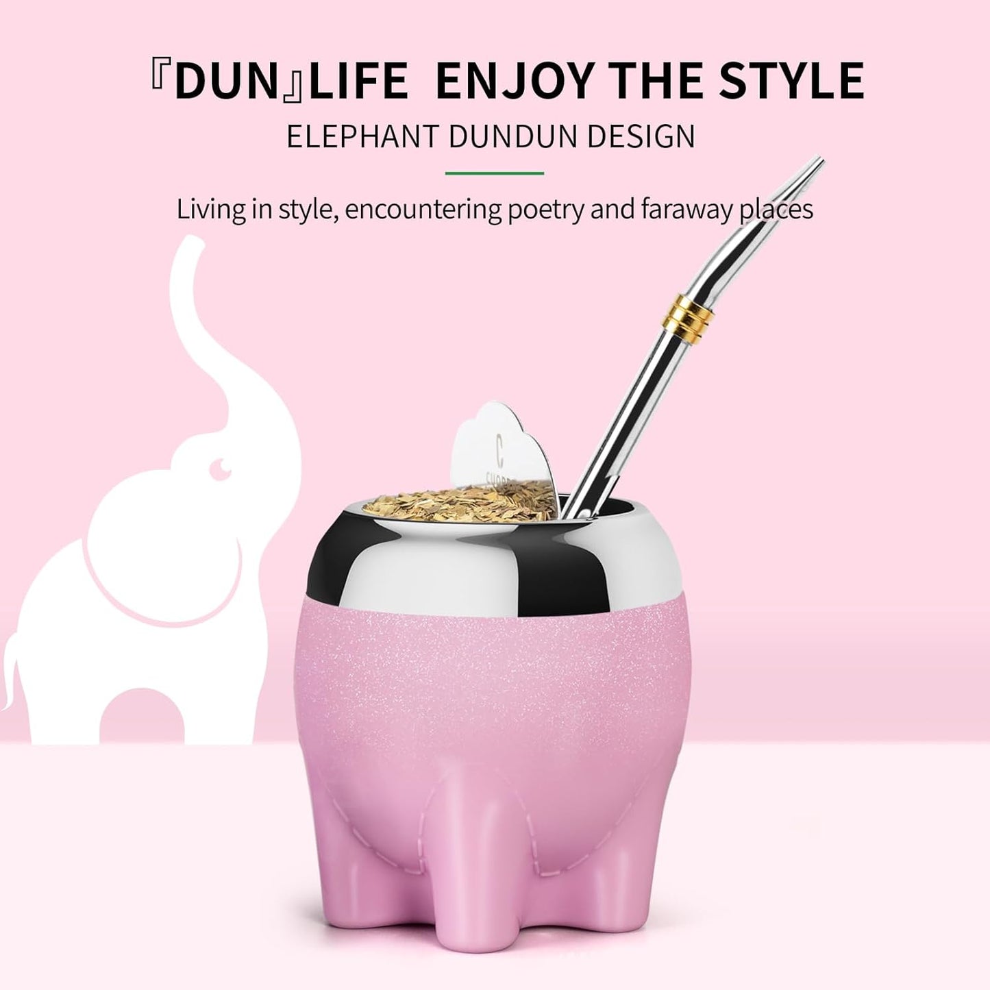 Premium Yerba Mate Cup 5 in 1 Set, Including Stainless Steel Gourd (Glitter Stars, Cute Elephant Style) Bombilla Straw, and Tea Shaper Set, 5.4oz, Gift for Women Drinking Coffee Tea Water (Pink)