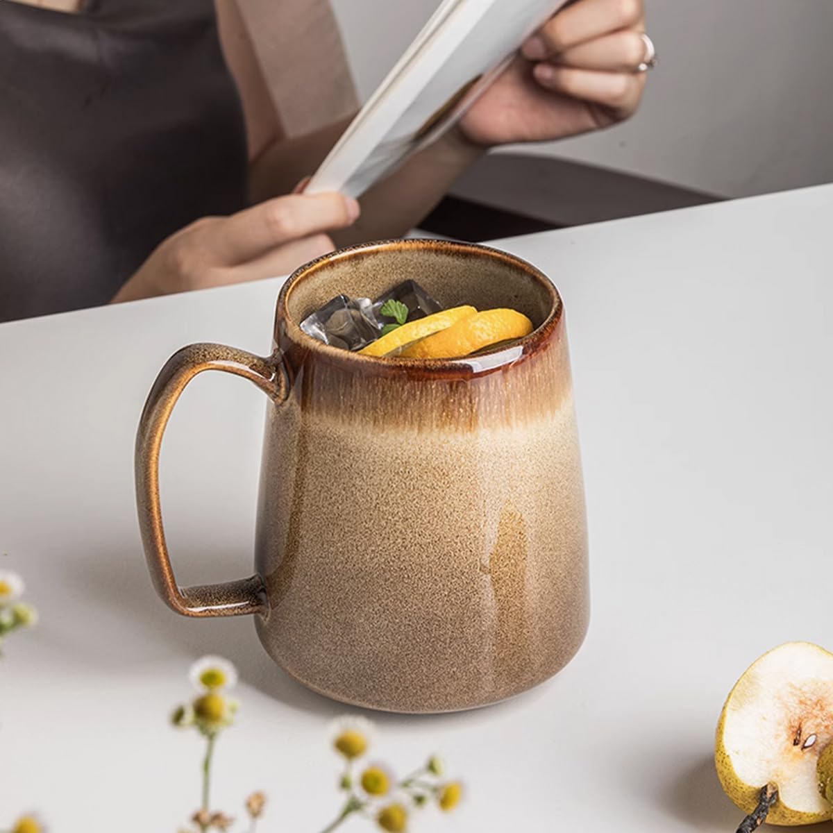 Large 24 oz Ceramic Coffee Mug with Handle, Vintage Floral Coffee Cup, Extra Big Tea Cup for Office and Home, Dishwasher and Microwave Safe,Sandy Yellow