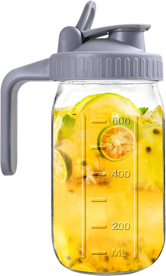 Mason Jar Pitcher, 32 OZ Glass Pitcher with Lid Double Leak-proof with Handle Water Jug Wide Mouth Breast Milk Pitcher Fridge Container for Water, Juice, Iced Coffee, Tea, Juice - Grey
