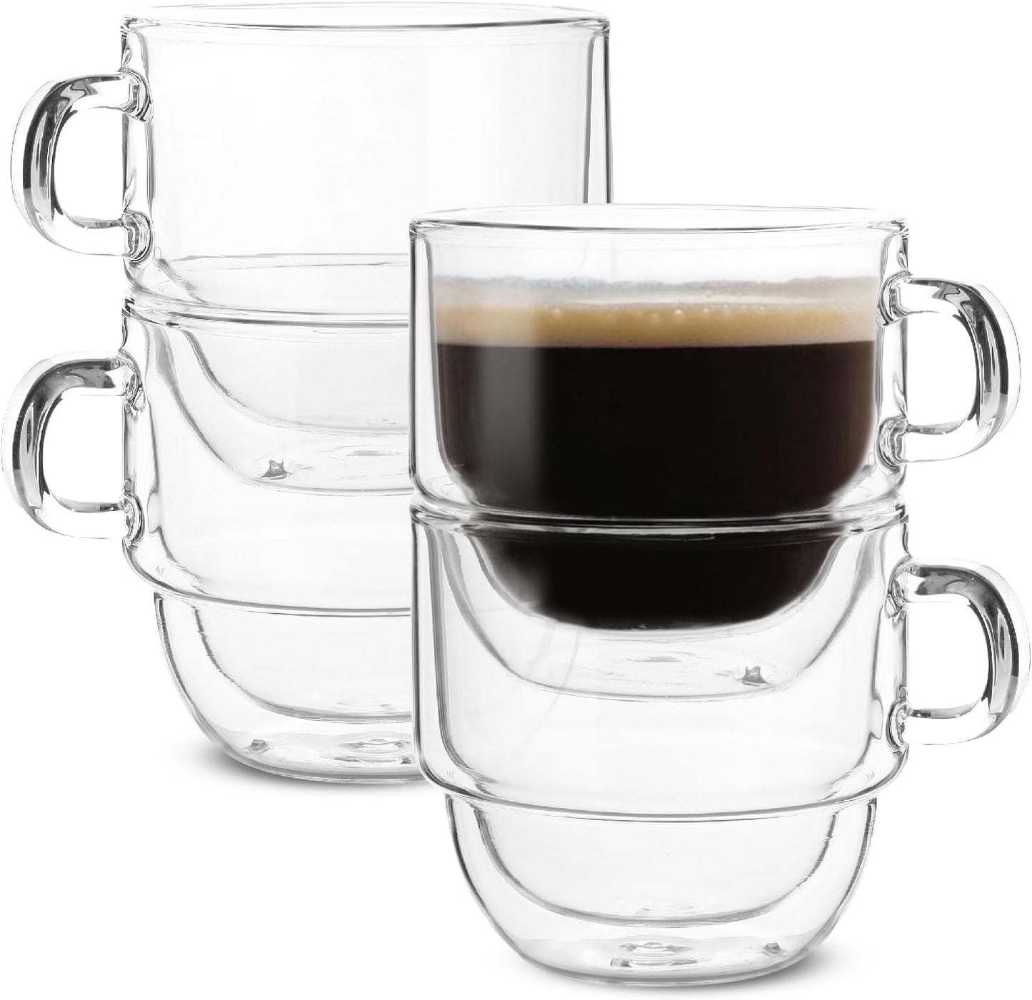 BTaT- Stackable Insulated Coffee Mugs, 4 Pack 16 oz(500 ml), Ideal for Hot and Cold Drinks, Stackable Cappuccino Cups, Double Wall Glass Coffee Cups, Tea Cups, Latte Cups, Beer Glasses, Latte Mug
