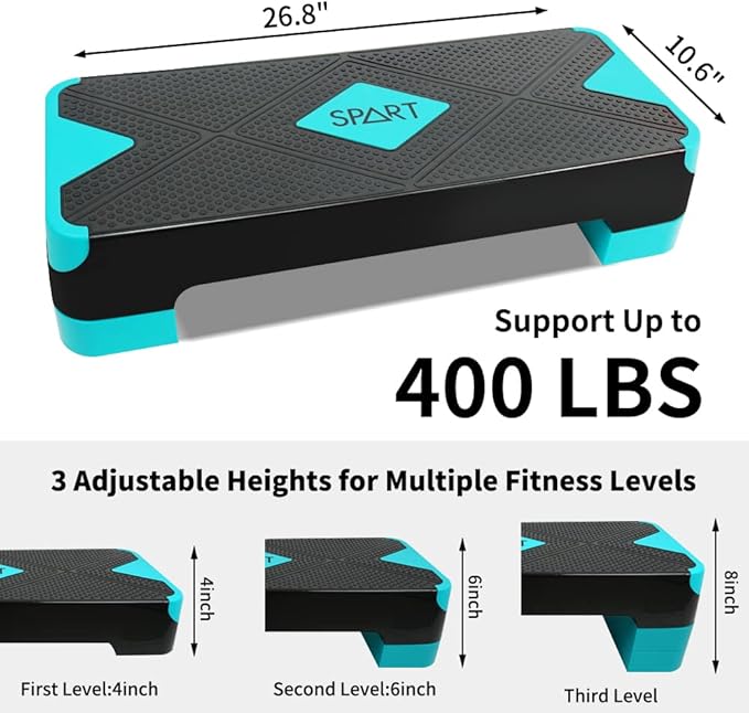 SPART Adjustable Workout Aerobic Stepper 4 Risers, 3 Levels 4" - 6" - 8", 26.77" 26.77" Trainer