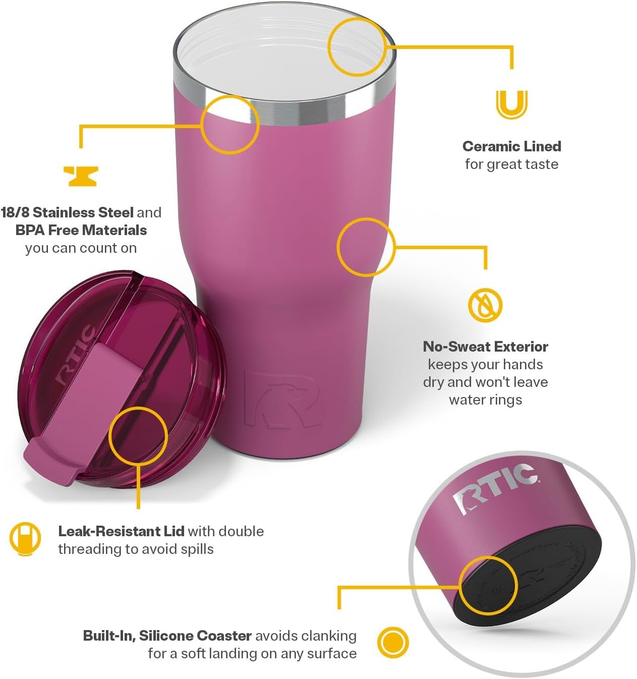 RTIC 30oz Essential Tumbler with Lid, Insulated, Stainless Steel, Metal, Double Wall Vacuum-Insulation, Ceramic Lined, Travel Cup for Iced Coffee, Tea, Hot and Cold Drink, Orchid