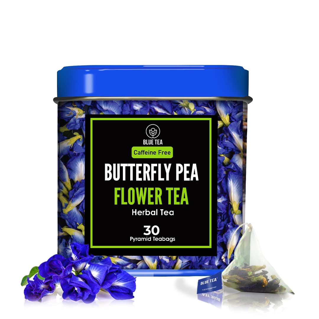 BLUE TEA - Butterfly Pea Flower Tea - 30 Count - Pyramid Plant Based Tea Bag | ANTIOXIDANT RICH | Caffeine Free - Detox Tea - Flower Based - Herbal Tea - Non-GMO | Tin Pack