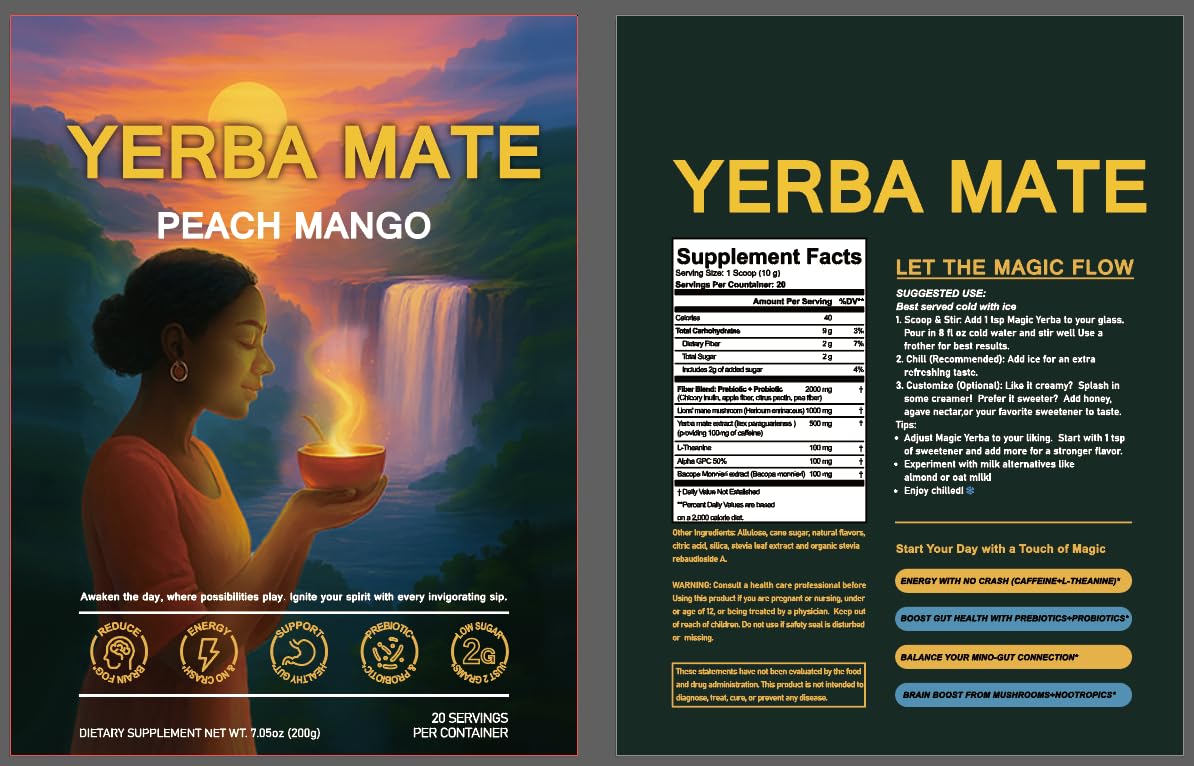 Yerba Mate Instant Tea Powder – Super Drink Calm Yerba Mate, Peach Mango Flavor, 4-in-1 Functional Blend Mate Tea - Low Sugar