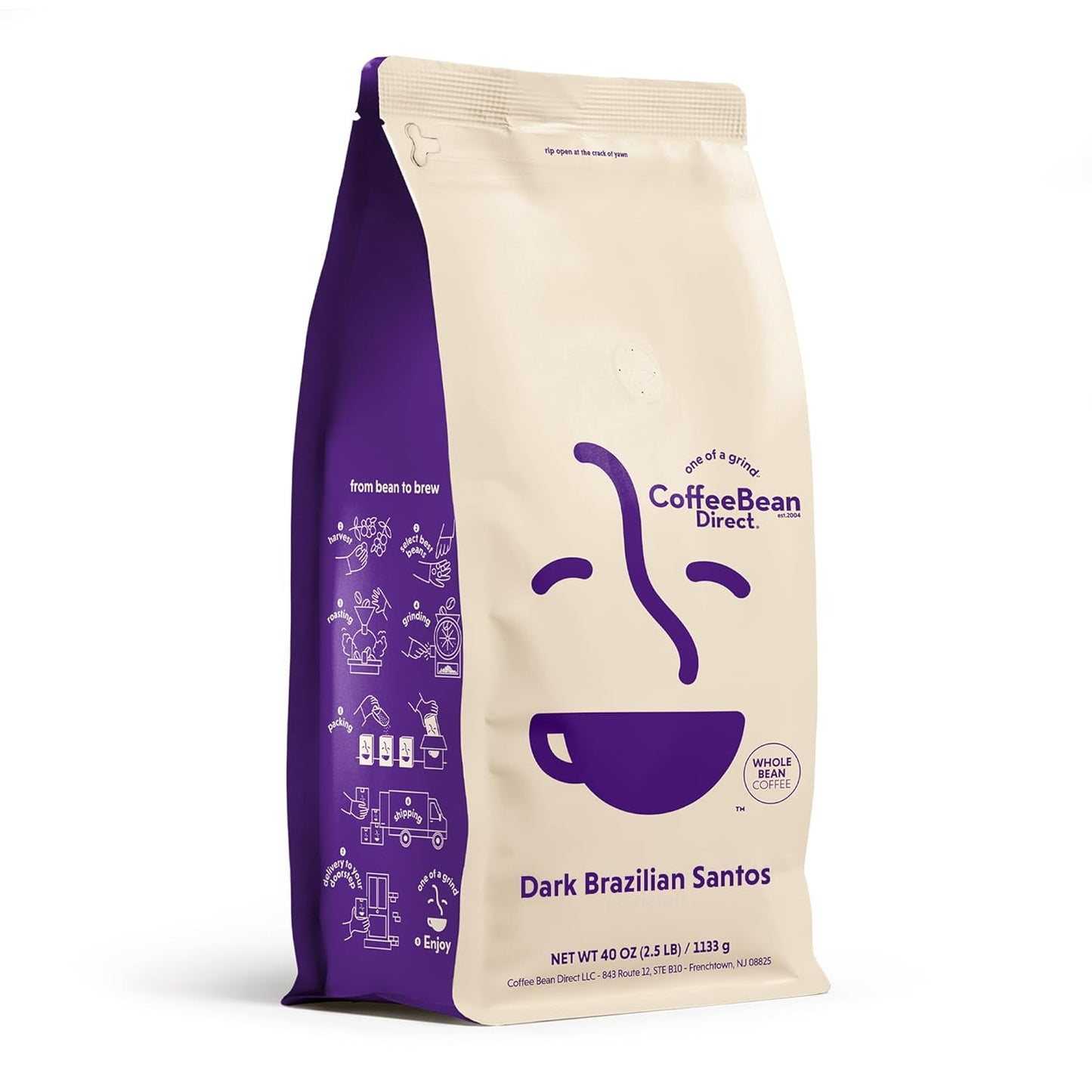 Coffee Bean Direct Dark Brazilian Santos, Whole Bean Coffee, Dark Roast, 2.5 Pound Bag (Pack of 1)