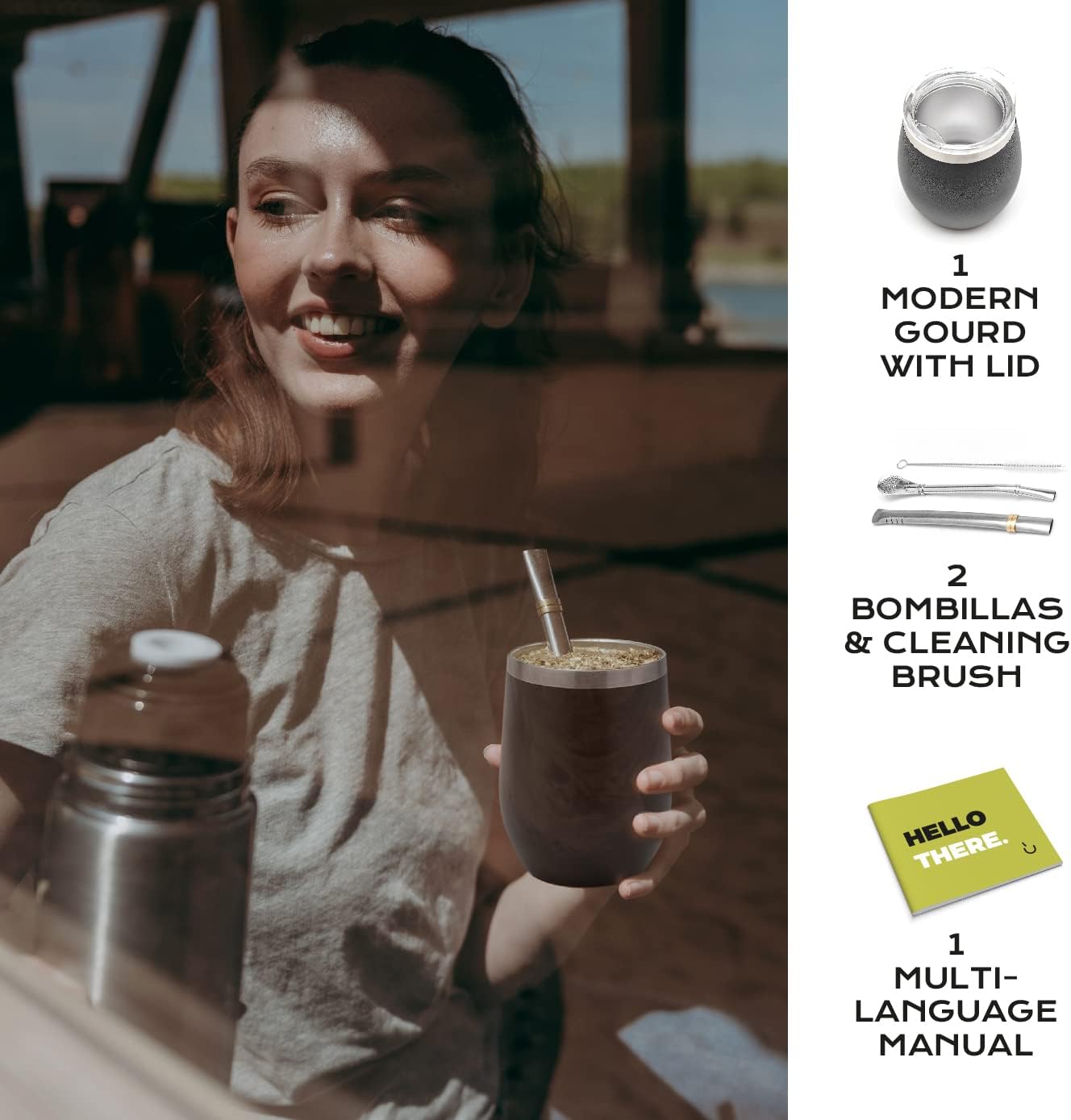 BALIBETOV 5 pcs large Yerba Mate Cup and Bombilla Kit, Includes one 12 oz Yerba Mate Gourd with Lid, Two Bombillas Mate Straw and one cleaning brush | Stainless steel | Double Walled