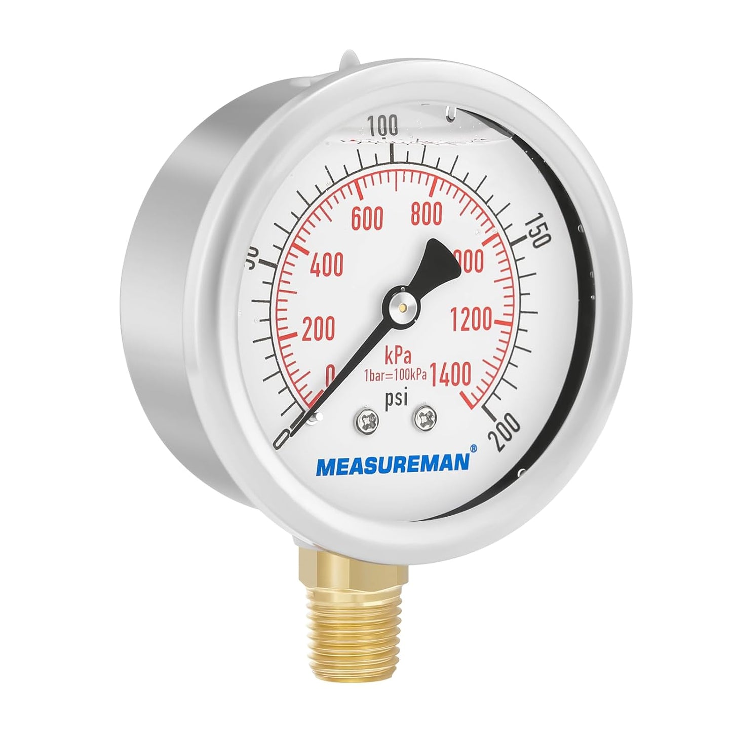 MEASUREMAN 2-1/2inch Dial Size, Liquid Filled Pressure Gauge, 0-200psi/kpa, 304 Stainless Steel Case, 1/4 inchNPT Lower Mount