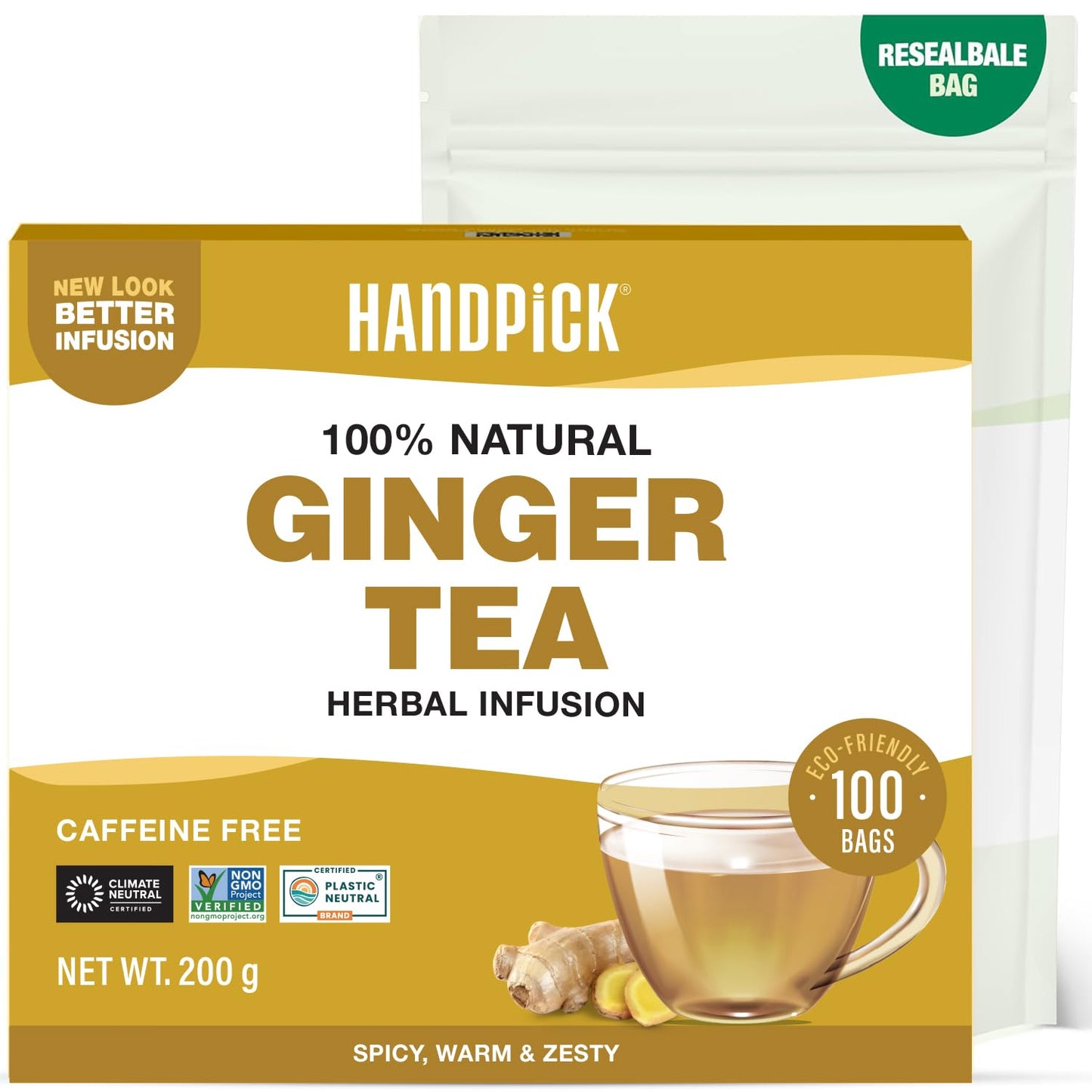HANDPICK, Ginger Tea Bags, Caffeine Free & 100% Pure Ginger Root | Soothing & Spicy Blend | Round Eco Conscious Teabags