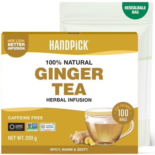 HANDPICK, Ginger Tea Bags, Caffeine Free & 100% Pure Ginger Root | Soothing & Spicy Blend | Round Eco Conscious Teabags