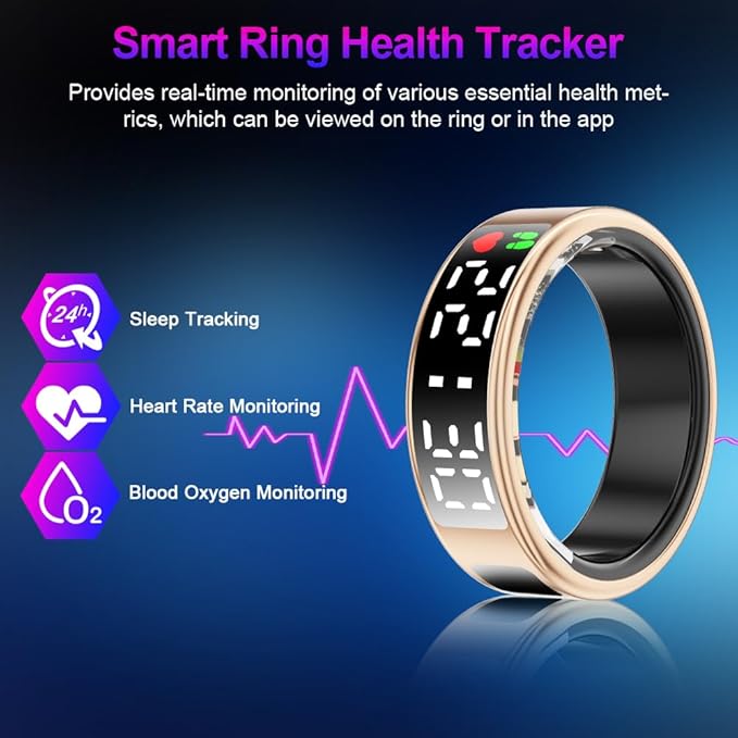 Smart Ring Health Tracker with Display Screen & Touch Button, Bluetooth Connection Health Ring for Women Men, Tracks Heart Rate/Blood Oxygen/Sleep/Steps/Sports Activities, IP68 Waterproof