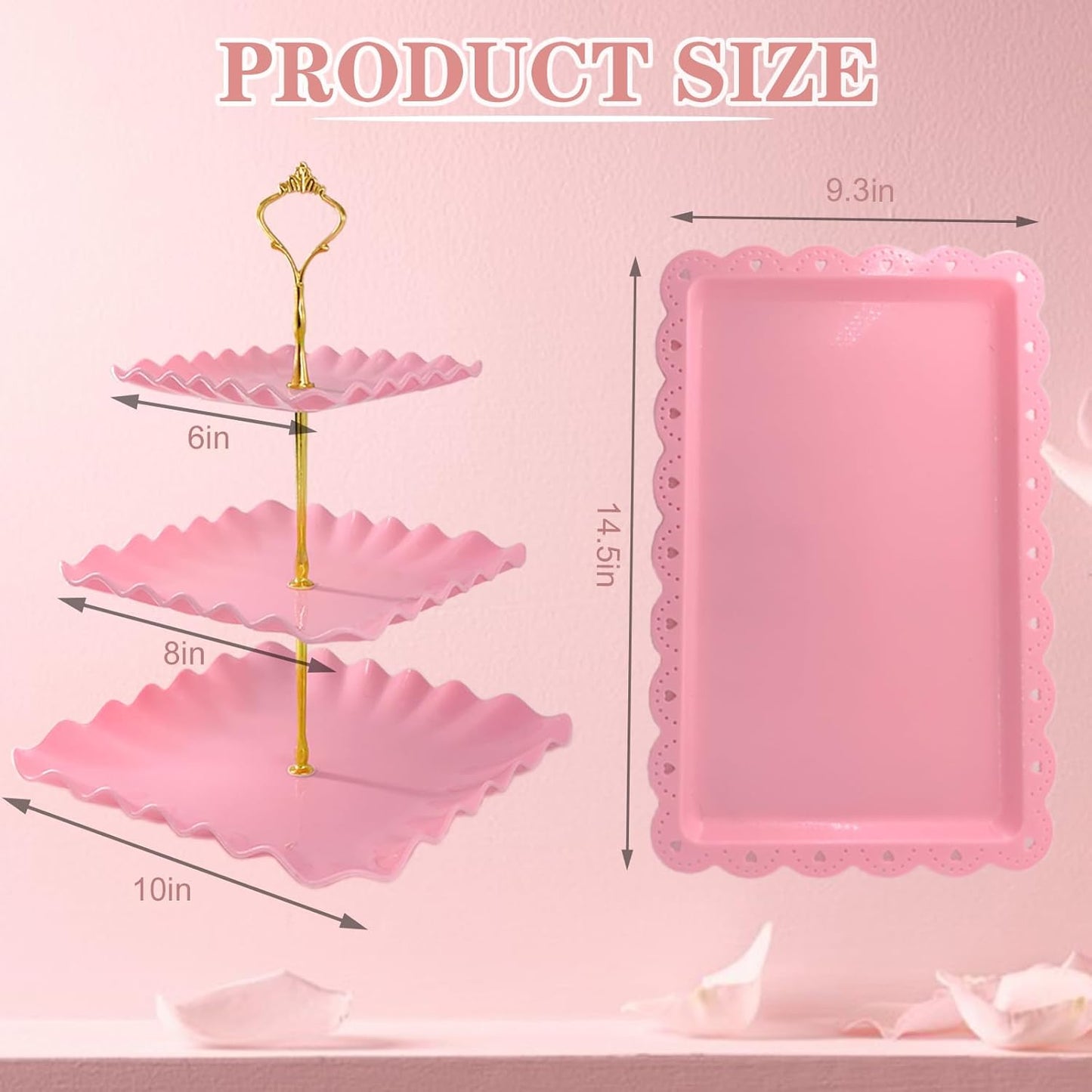 5 Pcs Dessert Table Display Set, Pink Plastic 2 Pcs Square 3 Tier Cupcake Stand Cup Cake Tower Stand with Metal Rod & 3 Pcs Serving Tray for Baby Shower, Tea Party, Wedding, Birthday Party