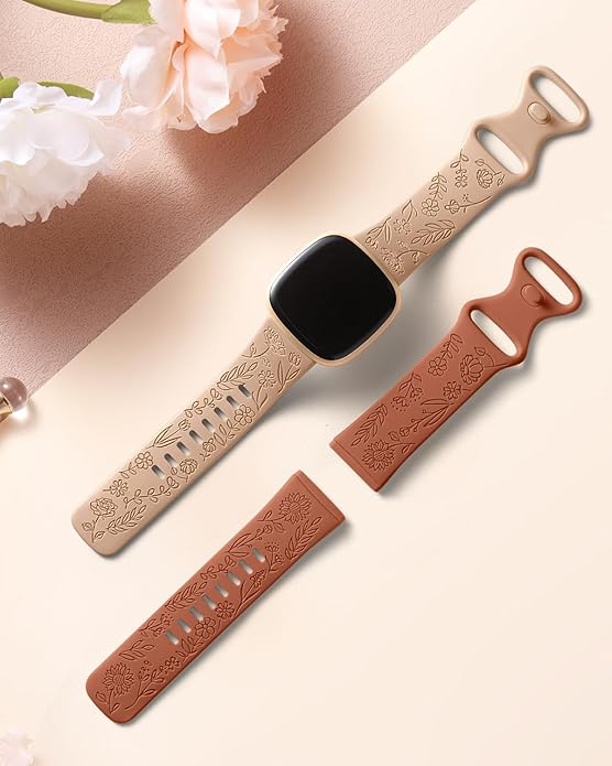 SNBLK 2 Pack Engraved Bands Only Compatible with Fitbit Versa 3/Fitbit Sense/Fitbit Versa 4/Fitbit Sense 2 Bands Four Models, Sunflower Rose Elegant Soft TPU Floral Pattern Replacement Strap Women