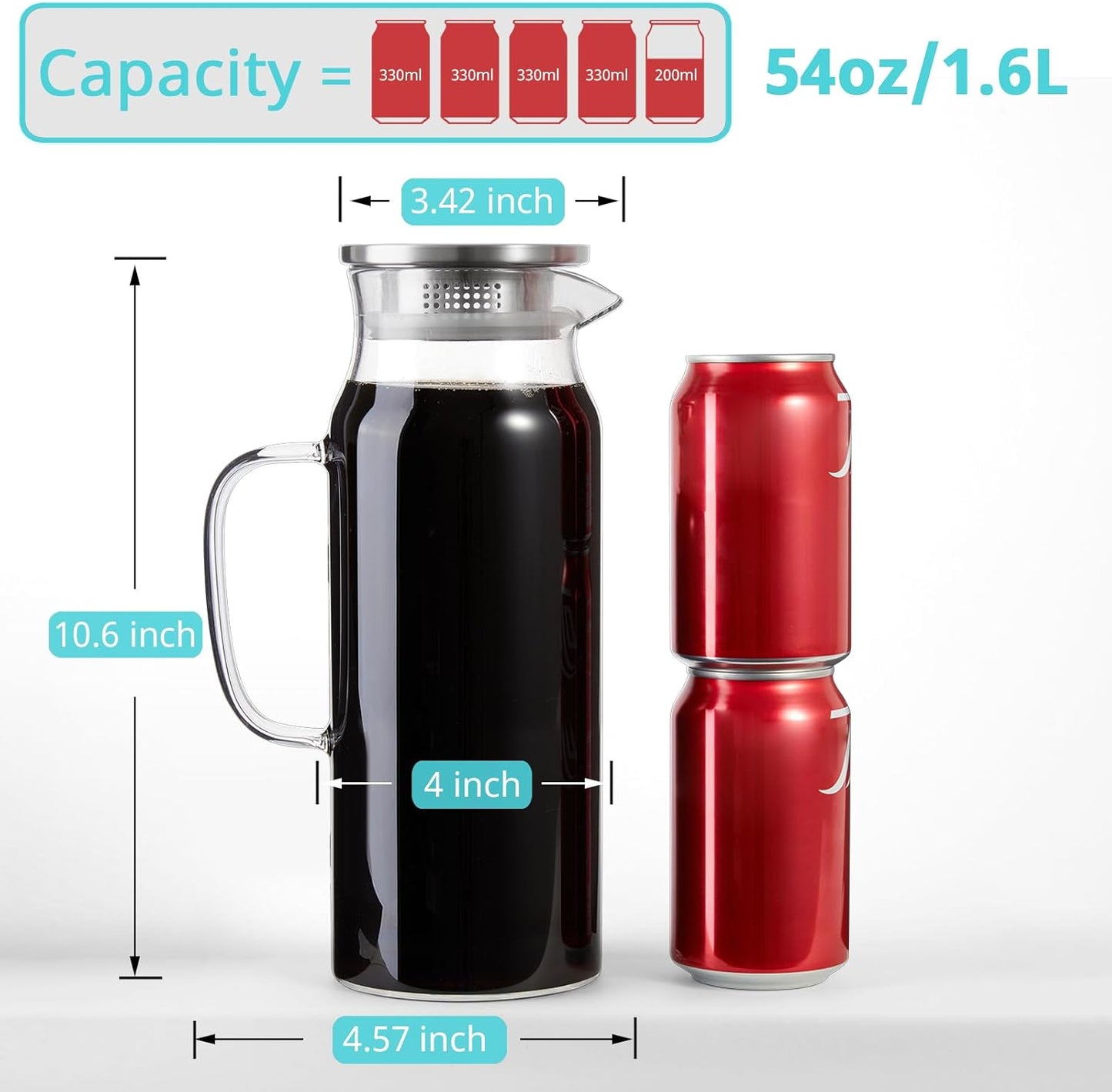 2 Pack 1.6 Liter 54 oz Glass Pitcher with Lid and Spout, Glass Carafe Water Pitcher for Hot/Cold Water, Iced Tea, Drinks, Coffee, Juice and Homemade Beverage