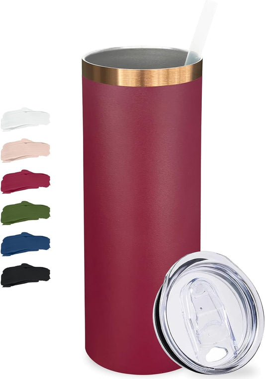 20 oz Skinny Tumblers Bulk, Stainless Steel Insulated Tumbler with Lids and Straws, Slim Double Wall Powder Coated Travel Coffee Mugs, Reusable Cup for Hot and Cold Drinks (Red,1 pack)