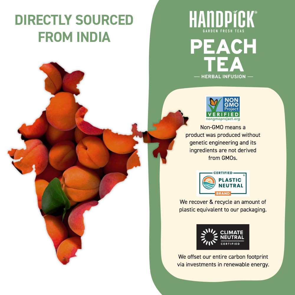 HANDPICK, Peach Tea Bags (80 Count) Non-GMO, Caffeine-Free - Peach, Hibiscus, Cinnamon, Cloves, Ginger | Floral & Refreshing Herbal Tea Bags, Brew Iced Tea or Hot Tea