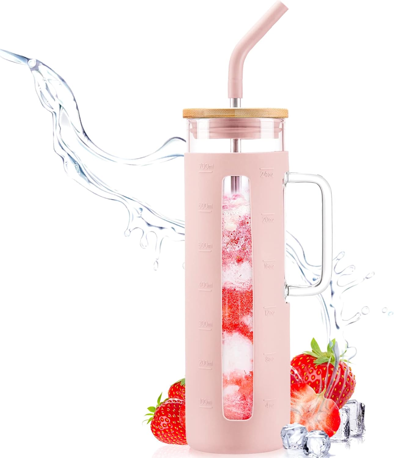 Kodrine Glass Tumbler with Lid and Straw, 24 oz, Iced Coffee Cup Boba Smoothie Cup, Home Office Tumblers, Pink