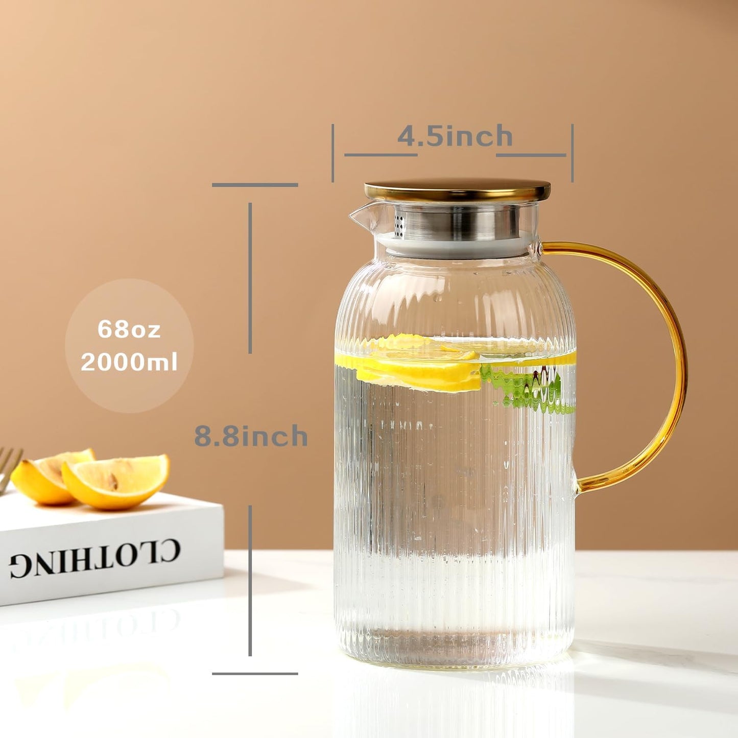 68 oz/2 Liter Glass Pitcher with Lid,Hand Blown Glass Water Pitcher for Cold Brew Coffee,Hot Water, Milk, Modern Vertical Stripes Iced Tea,Father's Day Gifts