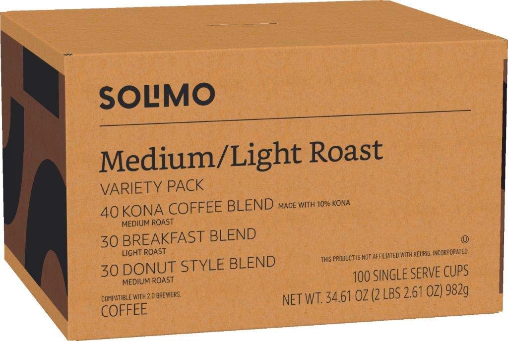 Amazon Brand - Solimo Variety Pack Light and Medium Roast Coffee Pods (Kona, Breakfast, Donut), Compatible with Keurig 2.0 K-Cup Brewers, 100 Count (Pack of 5)