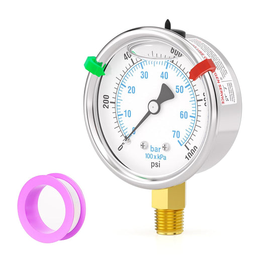 0-1000PSI Stainless Steel Liquid Filled Pressure Gauge, 2.5" Dial Size, 1/4" NPT Lower Mount, for Tube, Water Pump, Gas, Liquid, Pressure Test (with Range Mark Pointer)