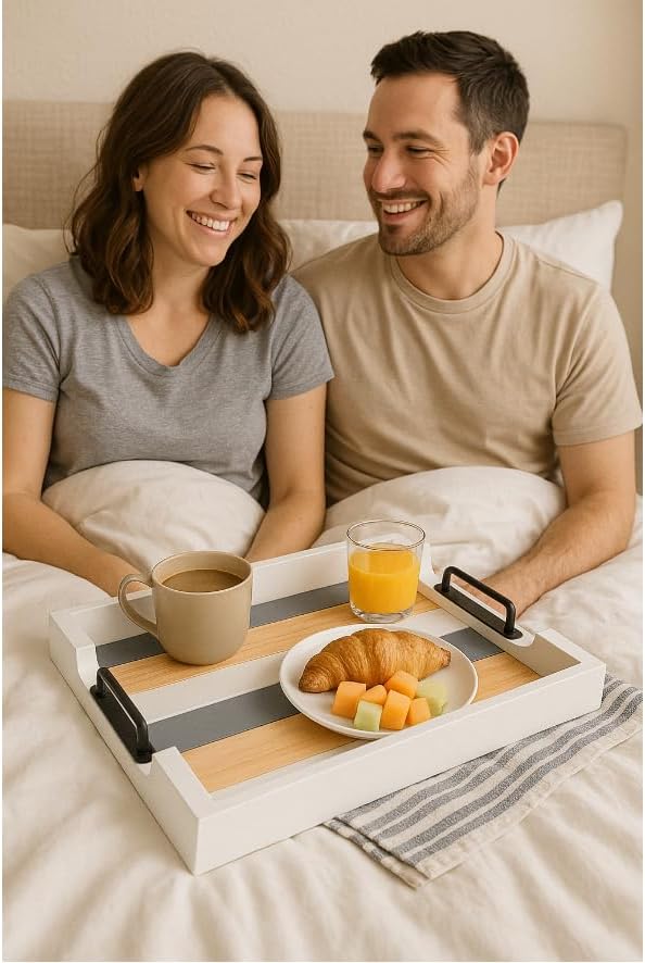 Wood Serving Tray with Metal Handle for Ottoman, Modern Rectangle Coffee Table Tray for Food Eating, White Decorative Tray, Size 17''x13'', Multicolor