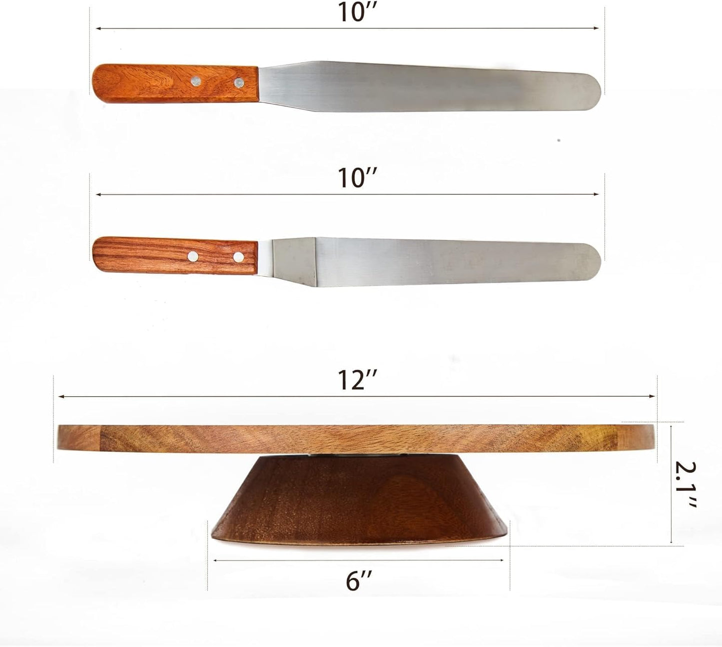 12" Acacia Wood Revolving Cake Stand, 2" High Rotating Cake Turntable with 2 Icing Spatulas, 3 Smoothers, Wooden Rotating Display Stand for Cake, Cupcake Decorating Supplies