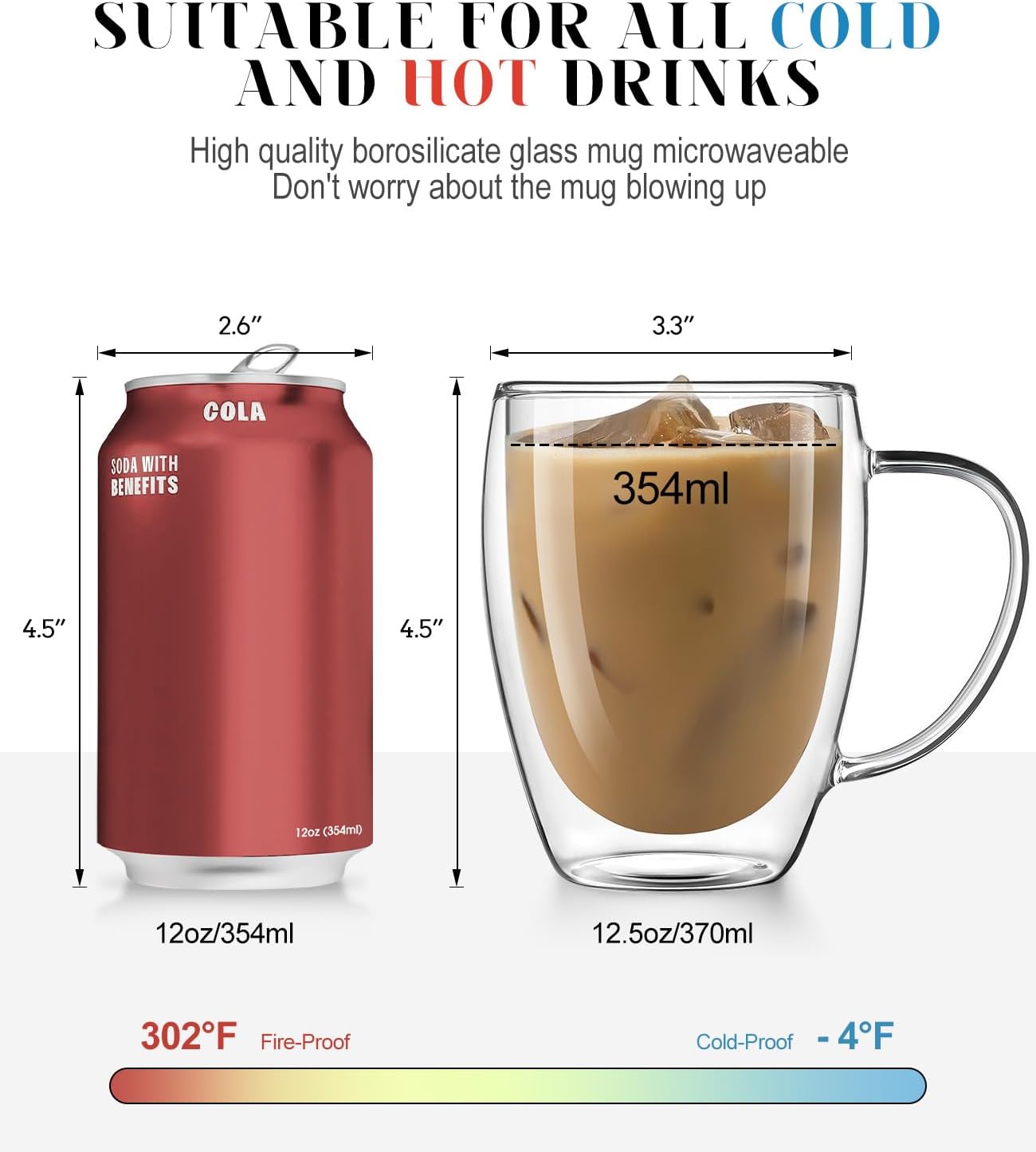 OJA Double Wall Glass Coffee Mugs 12.5oz, Hand Blown Clear Glass Coffee Cups Set of 2, Insulated Tea Mug, Perfect for Espresso, Cappuccino, Latte, American,Tea Bag, Beverage